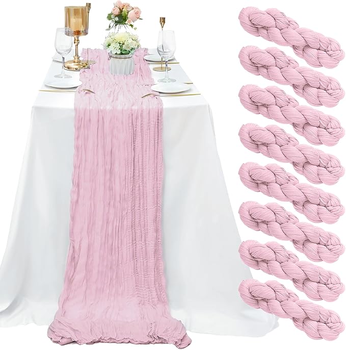 8 Pack Pink Cheesecloth Table Runner 10Ft Gauze Cheese Cloth Table Runner 35x120Inch Romantic Boho Table Runners for Wedding Banquet Event Birthday Party Anniversary Bridal Baby Shower Table Décor