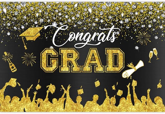 Leowefowa Congrats Grad Backdrop 10x6.5ft Black Gold Glitter Graduation Backdrops for Photography Congratulations Graduates Backdrop Banner Grad Prom Party Decor Grad Photo Booth Props