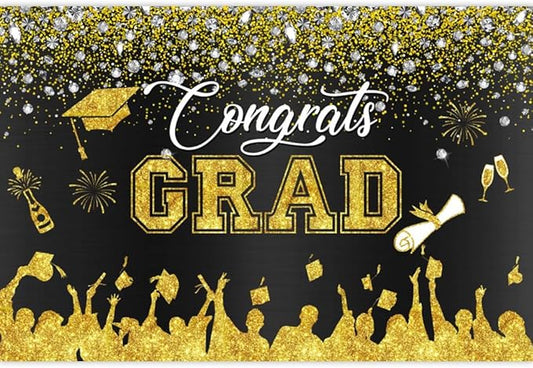 Leowefowa Congrats Grad Backdrop 10x6.5ft Black Gold Glitter Graduation Backdrops for Photography Congratulations Graduates Backdrop Banner Grad Prom Party Decor Grad Photo Booth Props