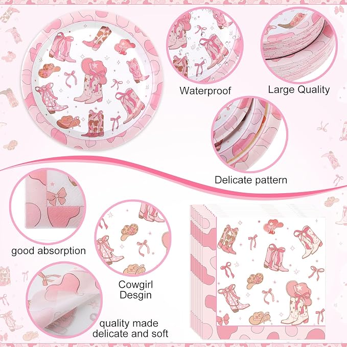 Funnymoom 452 Pcs Pink Cowgirl Boots and Bows Party Decoration for 50, Western Cowgirl Paper Plates Napkins Cups Tablecloth Cutlery Straws for Coquette Baby Shower Birthday Gender Reveal Party Supply