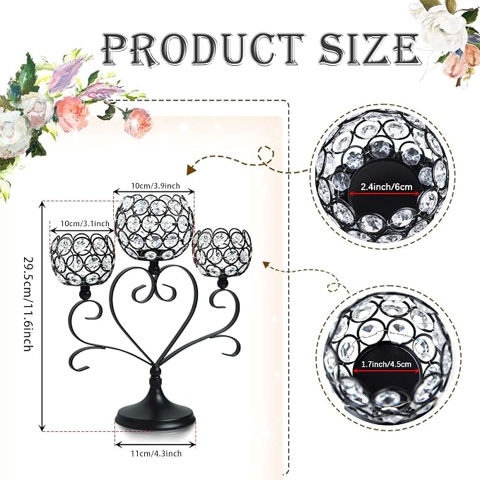 6 Pcs 3-Arm Heart Tea Light Candle Holder - Crystal & Metal Wedding Centerpiece Decor, Sparkling Table Decor for Anniversaries/Romantic Tabletop Home/Dinner Party/Events (6, Black)