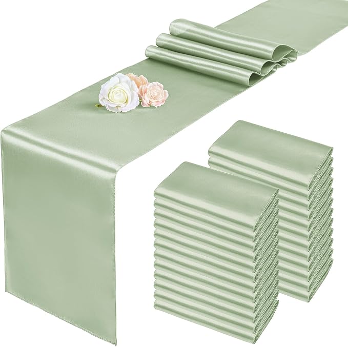 24 Pack Sage Green Satin Table Runners, 12 x 108 Inch Long Table Runners for Rectangle Round Tables,Smooth Satin Table Runner for Wedding,Birthday Party Banquets Graduation Engagements Decoration