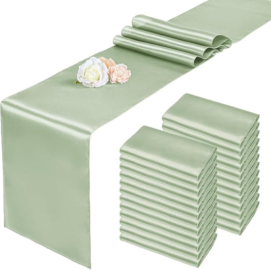 24 Pack Sage Green Satin Table Runners, 12 x 108 Inch Long Table Runners for Rectangle Round Tables,Smooth Satin Table Runner for Wedding,Birthday Party Banquets Graduation Engagements Decoration