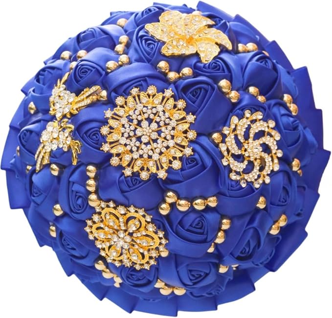 Royal Blue Gold Brooch Wedding Bridal Bouquet for Bride Bridesmaid Quinceanera with Bling Rhinestone Pearl Satin Rose Flower Bouquet Wedding Royal Blue 8.3in