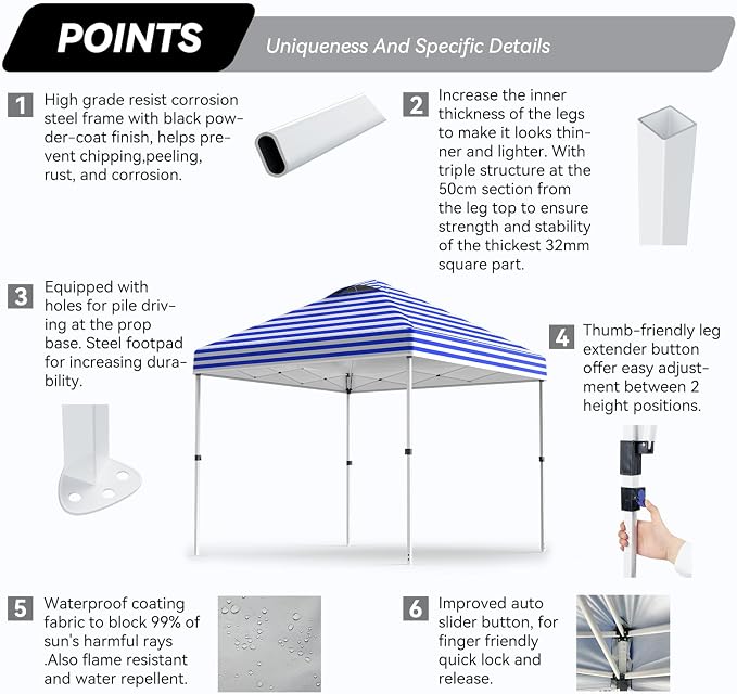 Nazhura 10' x 10' Pop Up Canopy with Sand Weight Bag, Awing for Patio, Freestanding Sun Shelter for Picnic and Camping, One Person Setup, White (Blue Stripe)