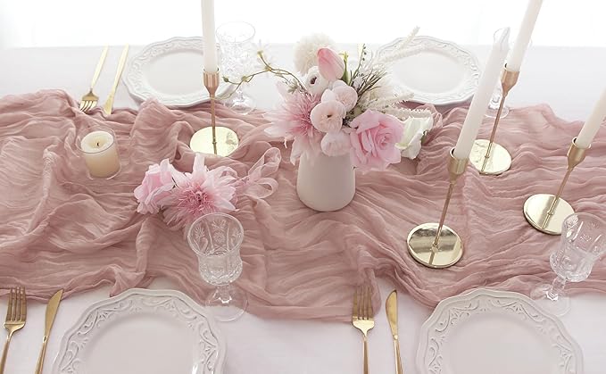 FEXIA Dusty Pink Cheesecloth Mothers Day Spring Table Runner 35x120 Inches Boho Gauze Table Runner for Wedding Party Baby Shower Engagement Decor