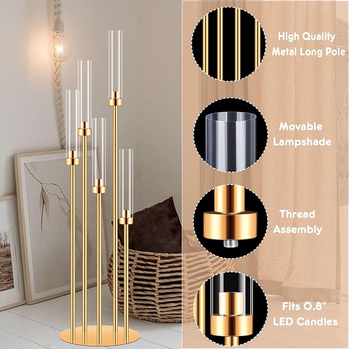 10 Sets 5 Arms Acrylic Candelabra for Tables,42'' Tall Candlesticks Holder with Lampshade,Wedding Centerpieces,Gold Candle Holders for Wedding,Home Decoration Housewarming Gift,Fit LED Candles