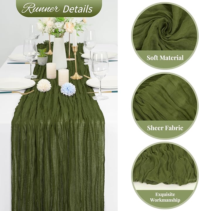 20 Pack Olive Green Cheesecloth Table Runner 120 Inch 10FT Rustic Boho Gauze Cheese Cloth Table Runner for Wedding Party Baby Shower Thanksgiving Christmas Decoration