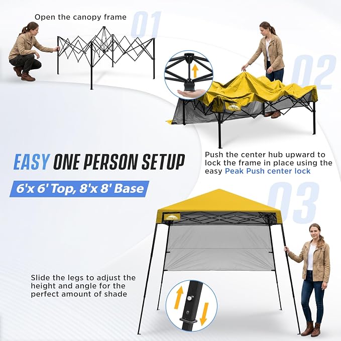 EAGLE PEAK 8x8 Pop Up Canopy Tent with Sidewall, Compact, Portable Slant Leg Instant Sun Shelter for Beach, Sports, & Camping, 8x8 Base 6x6 Top, Yellow