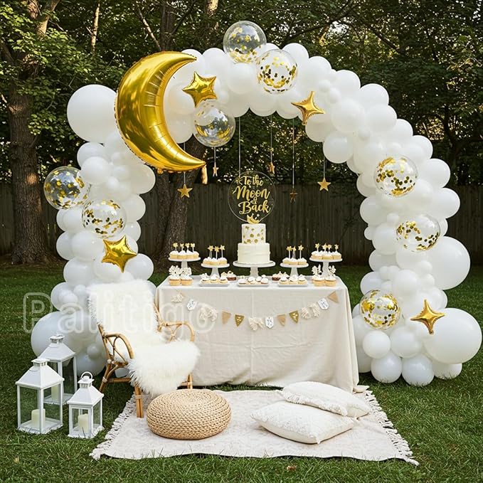 White Balloon Garland Kit - 131pcs White Balloons with Moon and Star, Perfect for Twinkle Twinkle Little Star Baby Shower, Gender Reveal,Birthday Parties, Weddings and Festive Celebrations