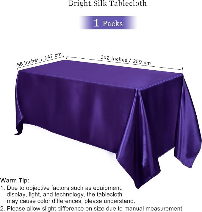 TURSTIN 1 Pack Dark Purple Satin Tablecloth 102 x 58 Inch Overlay Satin Table Cover Rectangle Bright Silk Tablecloth Smooth Fabric Table Decoration for Wedding Banquet Party Events