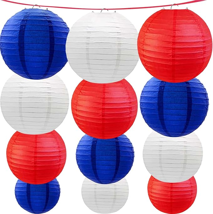 Red -White and Blue Paper Lanterns 12Pcs Hanging Lanterns for Birthday Party, Wedding, Home Decor, Baby Shower Festive Decoration
