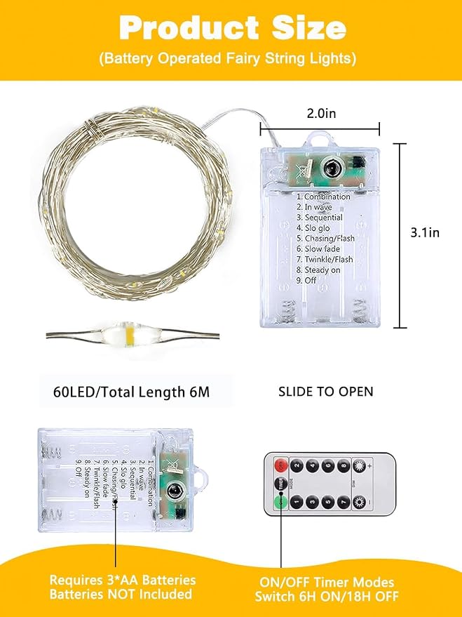8 Pack 60 LED Fairy Lights Battery Operated with Remote, 8 Modes String Lights Indoor Outdoor, Cuttable Battery Light for Home Bedroom Wedding DIY Centerpiece Christmas Decorations (Warm White)