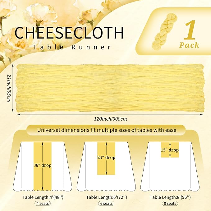 1 Pack Cheesecloth Table Runner 10FT Light Yellow Table Runner Boho Gauze Cheese Cloth Table Runners Long Rustic Sheer Table Decorations for Wedding Party Baby Bridal Shower Birthday Holiday Home