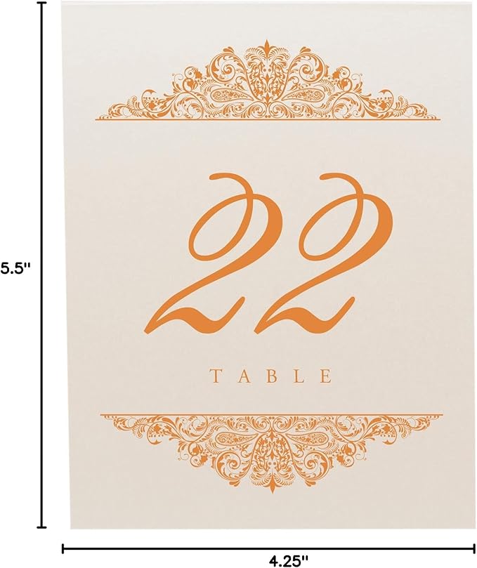 Paisley Wedding Table Numbers (Select Color/Quantity), Champagne, Orange, 1-70, Double Sided, Tent or Use in a Stand, Great for Parties & Restaurants - Made in the USA