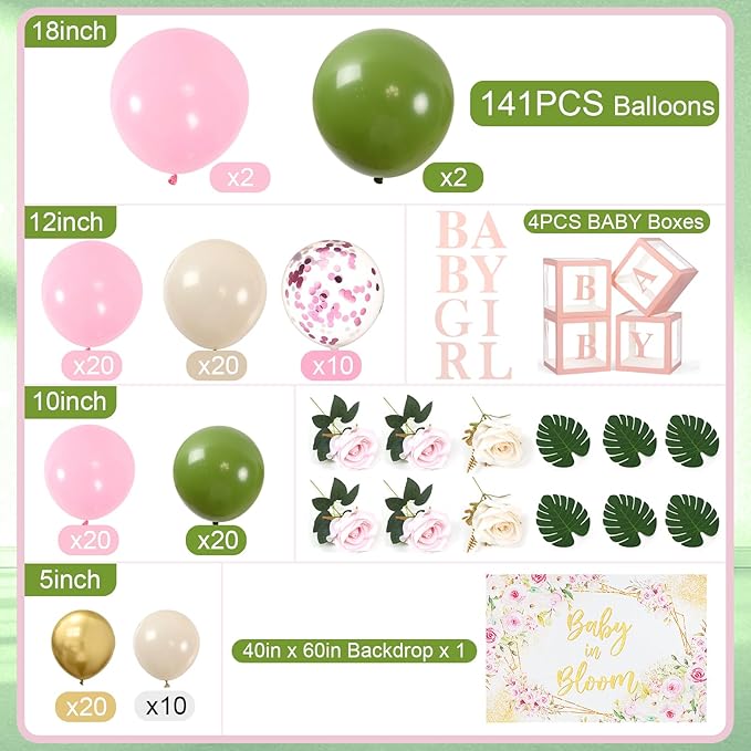 Baby in Bloom Baby Shower Decorations for Girl, Pink Sage Green Balloon Garland Arch Kit, Baby Boxes with Letters, Backdrop, Floral Baby Shower Decorations Birthday Party Decor