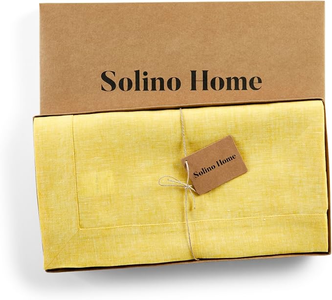 Solino Home Linen Tablecloth 54 x 72 Inch - 100% Pure Linen Chambray Lemon Yellow Table Cloth for Rectangle Tables - Athena, Machine Washable Tablecloth for Summer