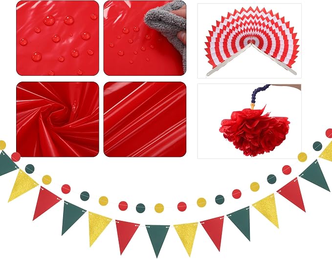 Fullhawl 27 Pcs Mexican Party Decoration, 6 Pack Disposable Tablecloth 21 Pcs Hanging Paper Fans, Pom Poms Flowers, Garland String Polka Dot and Triangle Flag Set for Birthday, Wedding, Carnival