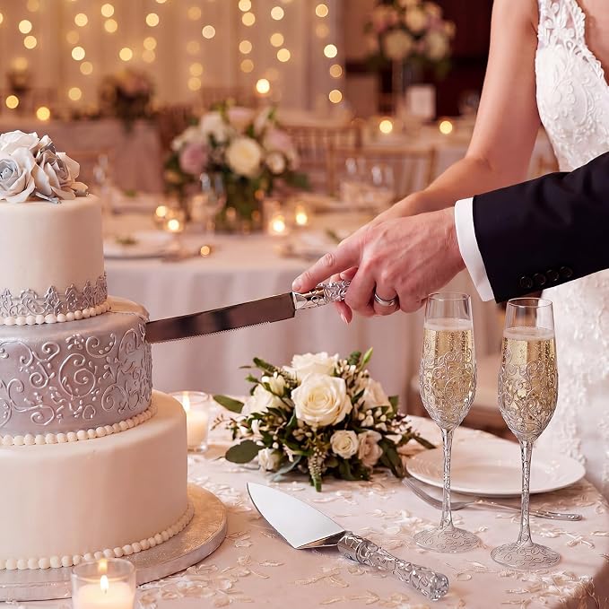 Ceenna 4 Pcs Wedding Toasting Flutes and Cake Server Set Elegant Champagne Glasses and Knife Server Set Gifts for Bride and Groom Anniversary Wedding Reception Supplies (Silver)