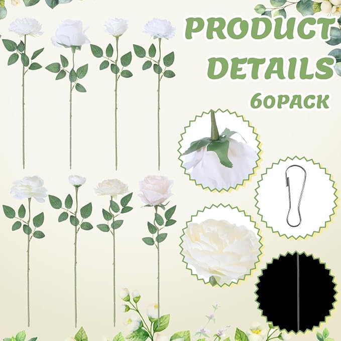 Lyrow 60 Pack White Artificial Flower Hanging Ornaments White Rose Floating Garland Floral Minimalist Boho Wedding Proposal Anniversary French Cream Farmhouse Ceiling Garland Table Decor DIY Craft