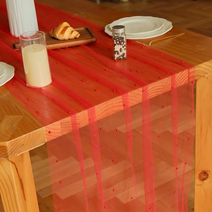 Set of 6 Pearl Table Runner 10ft, 29 * 120 Inch RED Table Cloth Pearl Sheer Tulle Table Cover,Pearl Table Runner for Wedding Party Baby Shower Birthday Home Decor