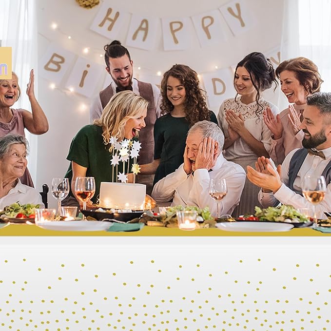 24 Pack White and Gold Tablecloth and Table Runner Set Party Decorations, White and Yellow Gold Plastic Disposable Tablecloth and Satin Table Runner for Wedding Birthday Graduation Anniversary Party