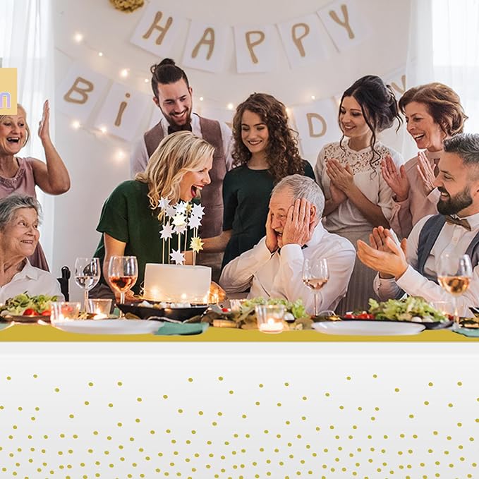 12 Pack White and Gold Tablecloth and Table Runner Set Party Decorations, White and Yellow Gold Plastic Disposable Tablecloth and Satin Table Runner for Wedding Birthday Graduation Anniversary Party