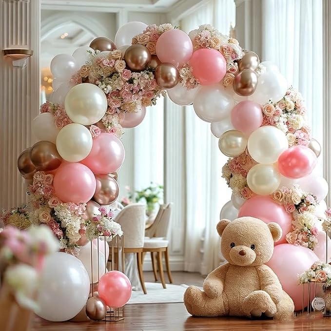 Pink White Balloon Garland Double Stuffed, Pastel Pearl Pink Champagne Gold White Sand Balloon Arch Kit for Mother's Day Birthday Baby Shower Bridal Shower Wedding First Communion Party Decorations