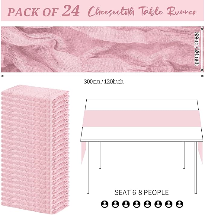 24 Pack Cheesecloth Table Runner 20 x 120 inch Cheese Cloth Table Runner Bulk, Romantic Boho Sheer Gauze Fabric Table Runners for Wedding Reception, Party, Bridal Shower Table Decor(Light Pink)