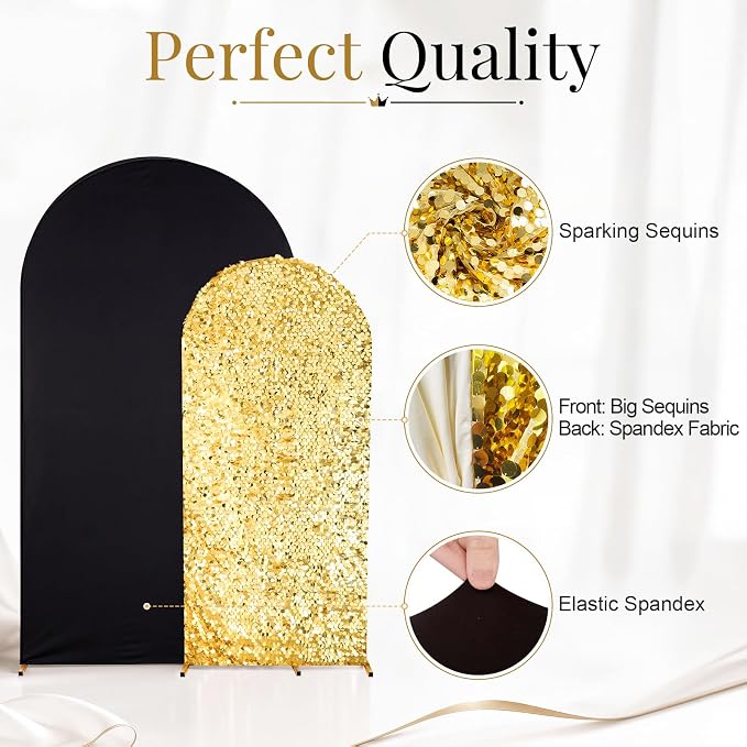 Black and Gold Arch Covers 7.2 and 6FT Sequin Arch Backdrop Cover Set of 2, Spandex Fitted Bling Sequin Arch Stand Covers for Birthday Party Ceremony Baby Shower Banquet Decoration