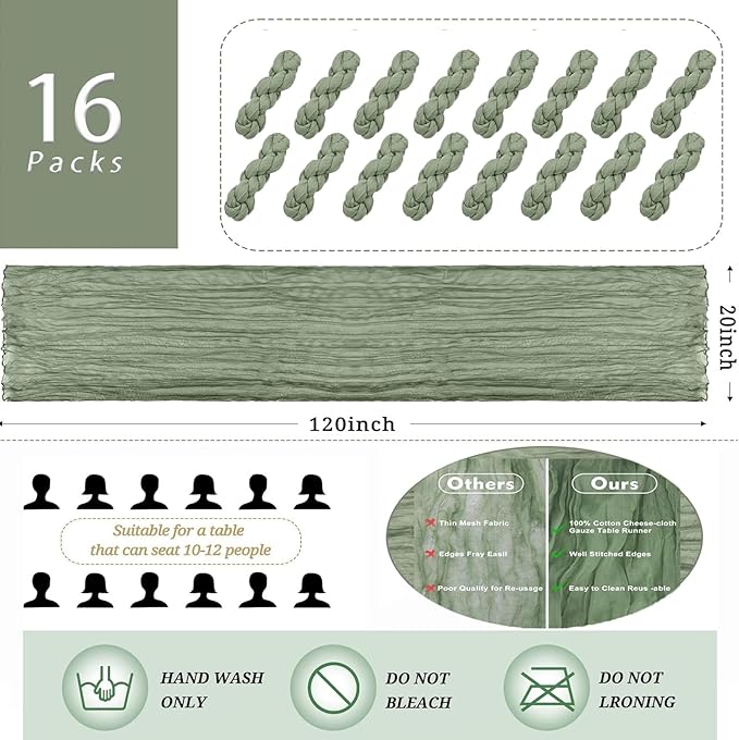 16 Pack Sage Green Cheesecloth Table Runner 20 x 120 inch Gauze Table Runners 10 FT Long,Semi Sheer Boho Cheese Cloth Fabric Table Runner Bulk for Wedding,Party,Baby Shower,Bridal Shower Decoration