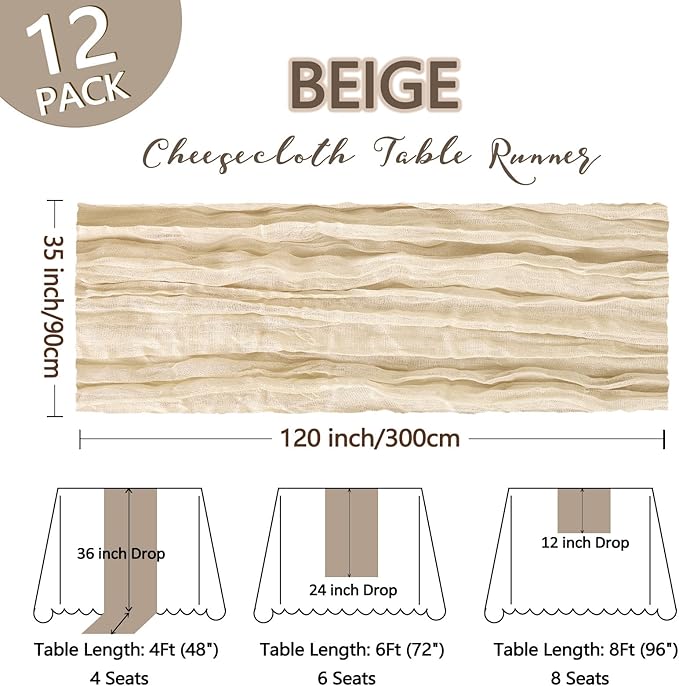 12 Pack Beige Cheesecloth Table Runner 10Ft Spring Gauze Cheese Cloth Table Runner 35x120 Inch Boho Sheer Rustic Fabric for Party Decor Baby Shower Wedding Holiday Decorations