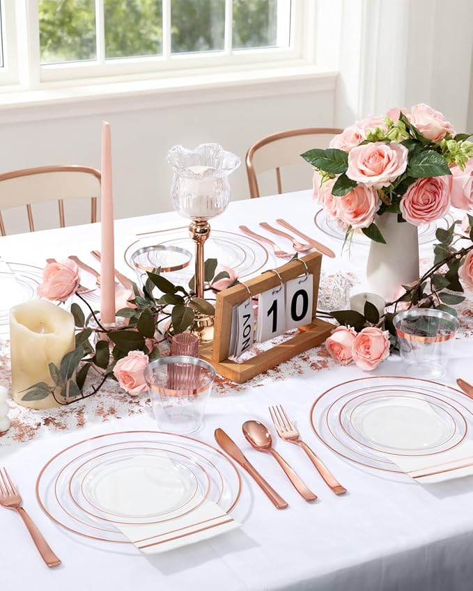 GATHER 700PCS Rose Gold Plastic Plates - Clear Rose Gold Rim Disposable Dinnerware Set Includes 200 Plates, 300 Silverware, 100 Napkins, 100 Cups for Party & Wedding & Mother's Day