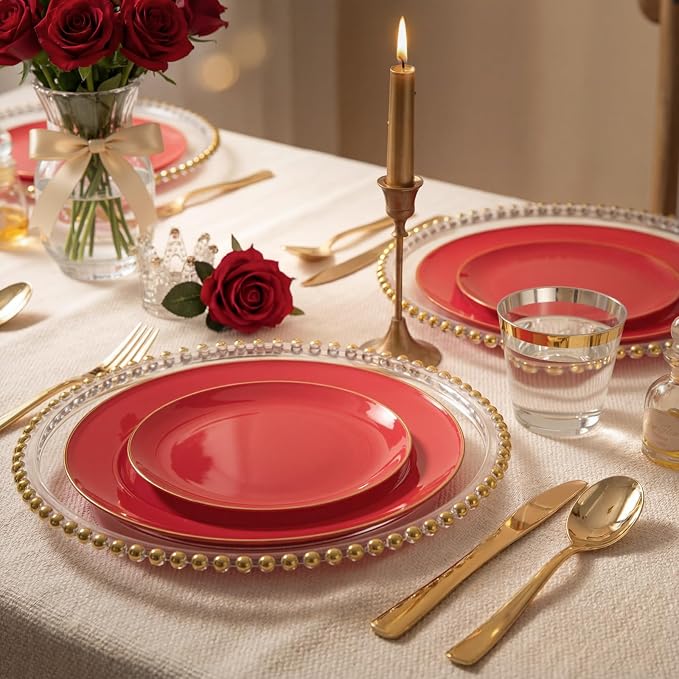 WDF 300Pcs Red Disposable Plates - Red Plastic Plates 50guest Disposable Dinnerware Include 50 Dinner Plate 50 Dessert Plate 150 Cutlery & 50 9oz Cups for Wedding/Birthday/Party