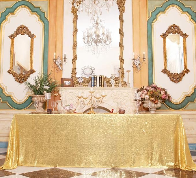 Juya Delight 90" x 156" Bright Gold Sequin Rectangular‌ Tablecloth for Wedding Birthday Party Festival Ceremony Cake Dessert Table