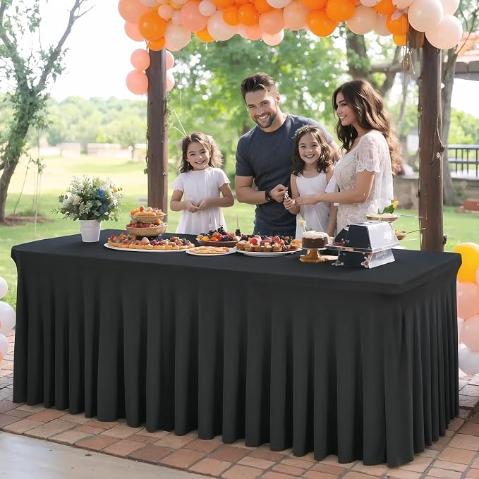 Shillance 8 Packs Black Spandex Table Covers 6 Foot, Fitted Stretch Table Cloth with Skirts 72x30 Inch, Wrinkle-Free Floor Length Rectangle Tablecloths for Weddings Parties Banquets Events
