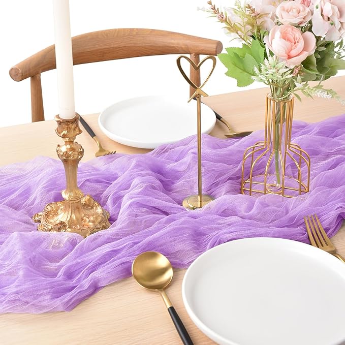 Joanlody Lilac Cheesecloth Table Runner 10Ft Rustic Gauze Boho Spring Summer Cheese Cloth Table Runner for Wedding Bridal Baby Shower Decoration
