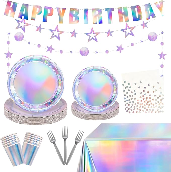 Iridescent Party decorations Kpop Birthday Decorations Holographic Party Supplies Iridescent Plates Cups Napkins Tablecloth Birthday Banner Star Garland Streamer Disco Kpop Party Serve 24