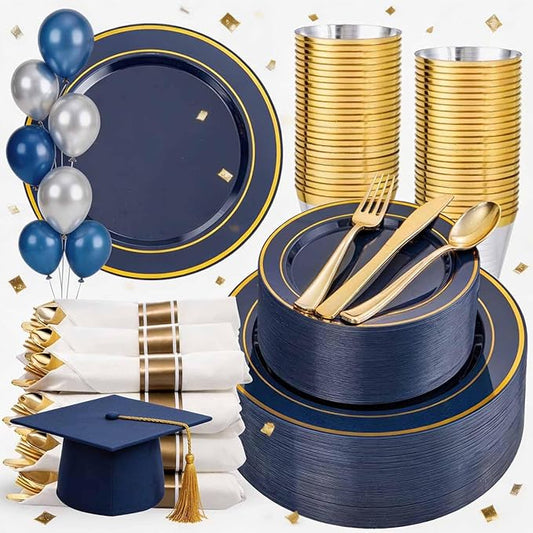WDF Partyware 350PCS Navy Blue and Gold Plastic Plates with Rolled Napkins Include Dinner Plate 10’’, Dessert Plate 7’’, gold Cups 9 OZ, Pre Rolled Napkins for Birthday/Wedding/Party/Graduation