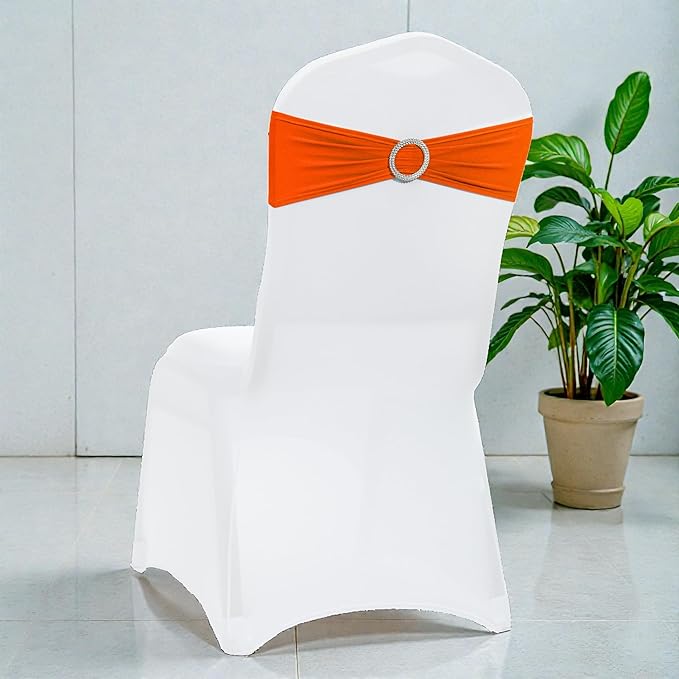 VDS - Orange | Spandex Chair Sashes Bows | 300 PCS | Stretch Elastic Banquet Universal Folding Chair Band Tie with Silver Buckle Slider for Wedding Party Conference Celebration Event Decoration