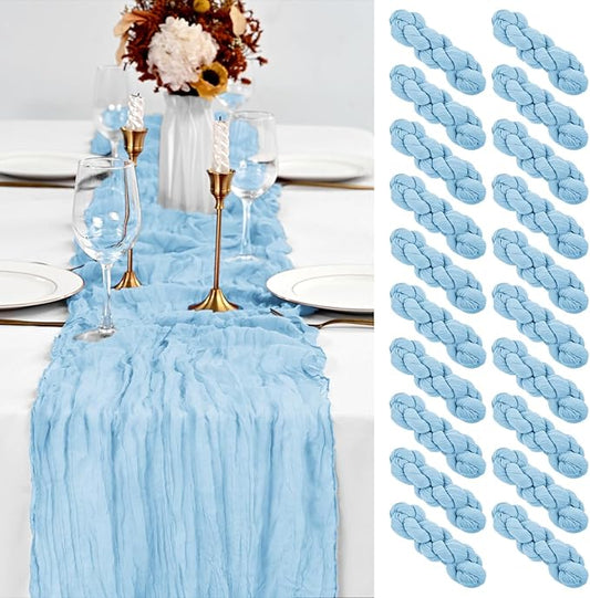 20 Pack Light Blue Table Runner 10Ft Cheesecloth Table Runner Boho Gauze Table Runner Long Cheese Cloth Table Runner Romantic Sheer Fabric Table Runners for Wedding Party Bridal Shower