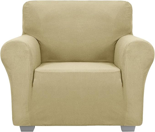 JIVINER Super Stretch Chair Sofa Slipcovers 1-Piece Jacquard Chair Covers for Living Room Soft Anti Slip 1 Seater Couch Furniture Protector Small Checks for Kids Pets (Chair, Champagne)