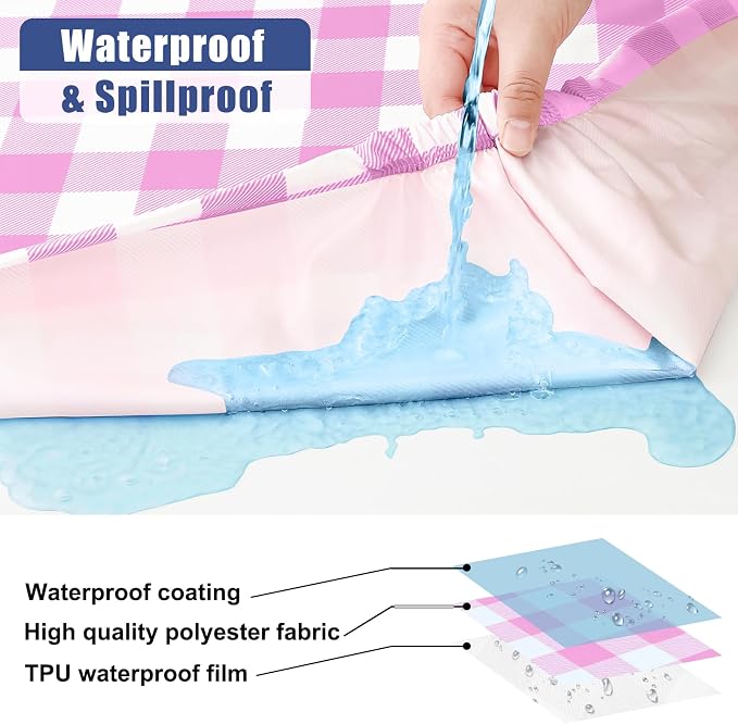 Smiry Picnic Table Cloth 6 Pack, Waterproof Elastic Fitted Tablecloths for 8FT Rectangle Tables, Washable Polyester Buffalo Plaid Tablecloth for Camping, Dining & Outdoor (Pink & White, 30" x 96")