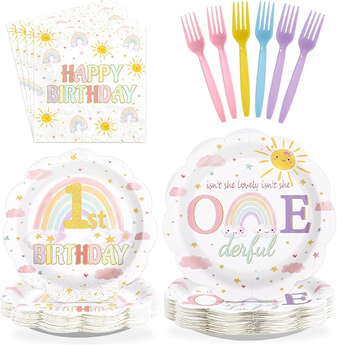 96Pcs Isn't She Onederful Birthday Party Decorations Isn't She Lovely First Birthday Paper Plates and Napkins Set Rainbow 1st Birthday Decoration for Girls One Year Old Bday Party Supplies Serves 24