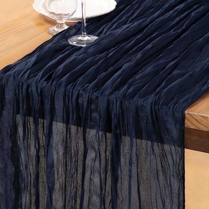 DeZerlor Navy Blue Cheesecloth Table Runner Spring Easter Table Runner Boho Gauze 120 Inches Navy Cheese Cloth Table Decor for Wedding Bridal Baby Shower Parties