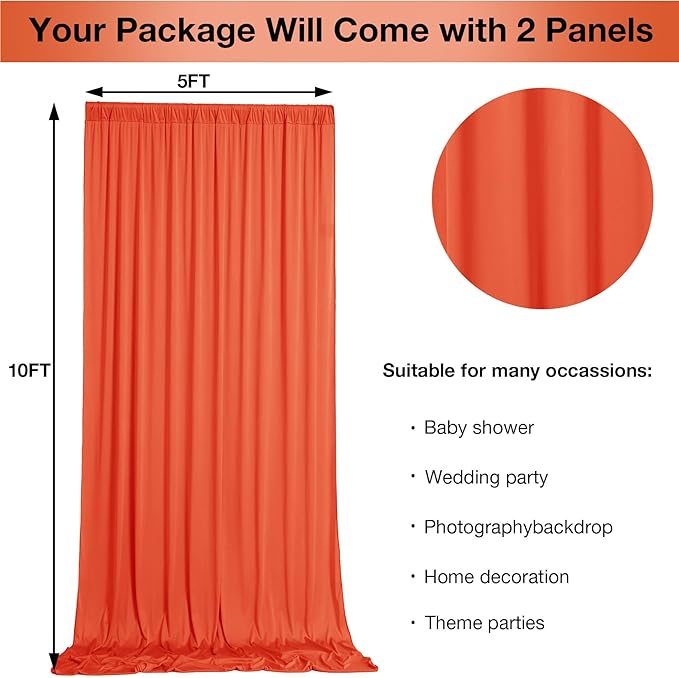 10ftx10ft Wrinkle Free Orange Backdrop Curtains for Parties, Silky Polyester Photo Backdrop Drapes 2 Panels 5x10ft Back Drop Cloth for Wedding Birthday Baby Shower Photography Background