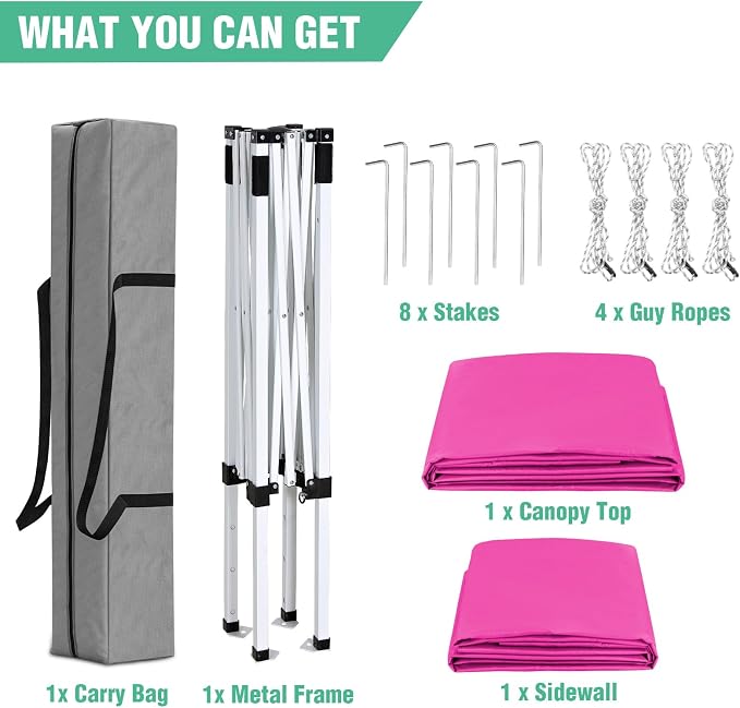 5x5 Pop Up Canopy Tent with One Sidewall, Instant Portable Beach Canopy, Outdoor Tent with Carry Bag for Camping, Sports, Tailgating, Events, Pink