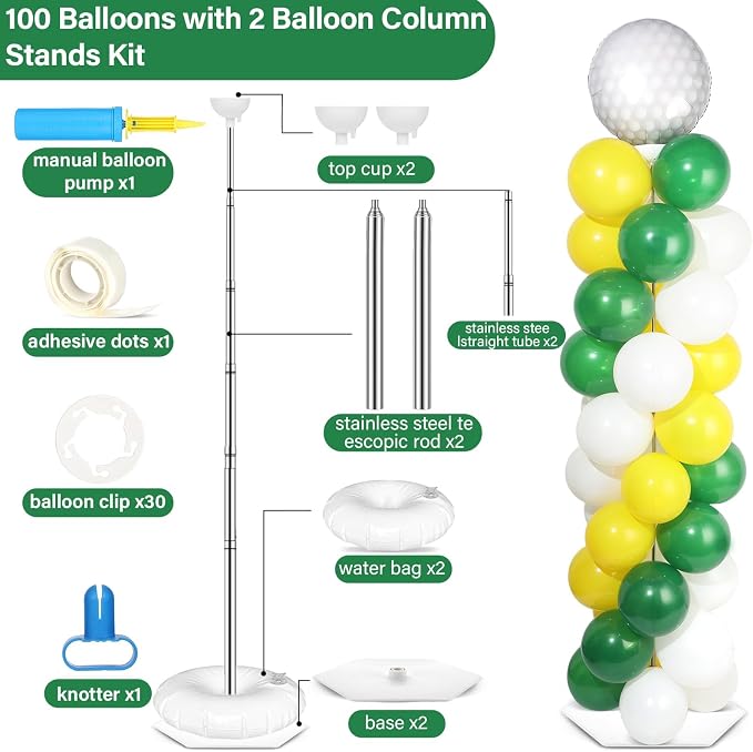 2 Sets Golf Balloon Column Stand Kit with 102 Balloons Sport Themed 5.57ft Adjustable Balloon Tower Stand with Bases Ball Balloon Arch Kit Column for Golf Party Decortions Retirement Birthday Supplies