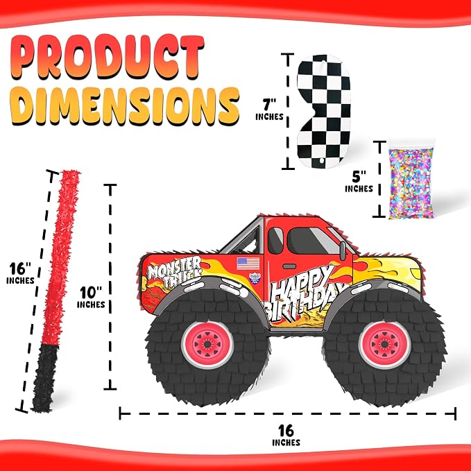 Jergrim Monster Truck Piñata, 4 Piece Set, perfect for Kids Birthday Parties, Race Car Party Supplies fits piñata candy and party favors (16”X10”) Durable!