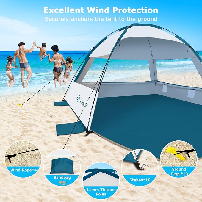 COMMOUDS Beach Tent Sun Shelter for 3/4/6/8 Person, UPF 50+ UV Protection Beach Shade Canopy Tent, Lightweight, Easy Set Up and Carry